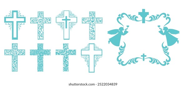 Cross icons set. Obituary notice - art deco frames with cross. Collection of Christian Symbol design elements isolated on White background. Set of gold and white vintage decorative Christian crosses.