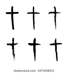 Cross icons vector. Black grunge crosses. Six brush stroke designs. Religious symbols.