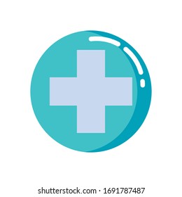 Cross inside button flat style icon design of Medical care health emergency aid exam clinic and patient theme Vector illustration