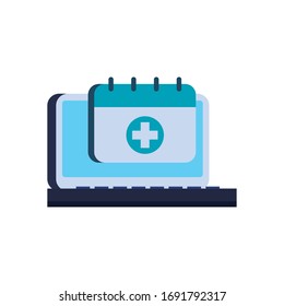 Icono de diseño de icono de estilo plano de calendario y portátil de atención médica de emergencia clínica y tema del paciente Ilustración vectorial