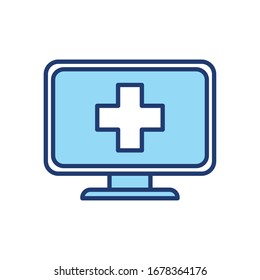 cross inside computer line and fill style icon design of Health online medical care emergency aid exam clinic and patient theme Vector illustration