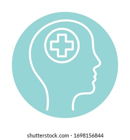 Cross Inside Human Head Block Style Icon Design, Mental Health Mind Science Intelligence Idea Medical And Education Theme Vector Illustration