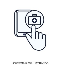 Cross inside kit and smartphone line style icon design of Medical care health emergency aid exam clinic and patient theme Vector illustration