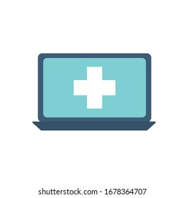 cross inside laptop flat style icon design of Health online medical care emergency aid exam clinic and patient theme Vector illustration