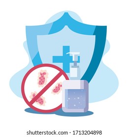 Cross inside shield soap bottle and coronavirus bacterium design of covid 19 virus 2019 ncov cov infection corona epidemic disease symptoms and medical theme Vector illustration