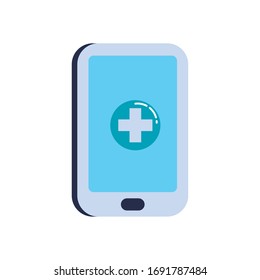 Cross inside smartphone flat style icon design of Medical care health emergency aid exam clinic and patient theme Vector illustration