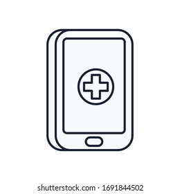 Cross inside smartphone line style icon design of Medical care health emergency aid exam clinic and patient theme Vector illustration