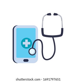 Cross inside smartphone and stethoscope flat style icon design of Medical care health emergency aid exam clinic and patient theme Vector illustration