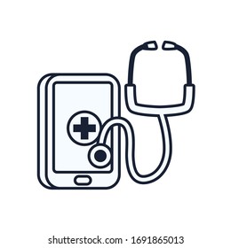 Cruzar dentro de la línea de smartphones y estetoscopio diseño ícono de atención médica de emergencia clínica y tema del paciente Imagen vectorial