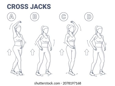 Cross Jacks Cardio Bunny Home Workout Exercise Guide Illustration. Fitness Junkie Girl Working at Home on Her Muscles. Young Female in Sportswear Top, Sneakers, and Leggings Doing Sports Routine.