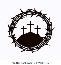 The cross of Jesus Christ, crown of thorns and Calvary. Vector illustration for Easter Sunday flyer, poster or church banner design