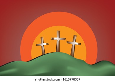 Cross of Jesus Christ with green hill and sunset background, Vector.