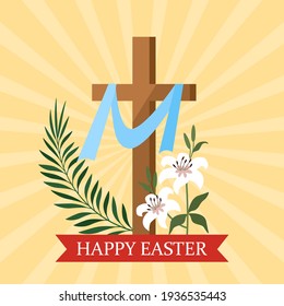 cross of Jesus Christ, lily flower and palm branch with greeting inscription Happy Easter. Christian greeting card. he was resurrected. vector illustration