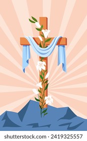 Cruz de Jesucristo, flores de lirio en el fondo de la montaña. "Feliz Pascua". Tarjeta cristiana. se ha levantado. ilustración vectorial