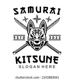 Cross Katana and Kitsune samurai Shuriken Head japanesee Wolf Logo in vintage style black and white vector illustration