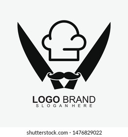 Cross Knife With Hat Chef And Beard Logo Design. Modern Design. Black And White. Line Logo Design. Flat Logo. Cross Knife With Hat Chef And Beard Icon. Vector Illustration