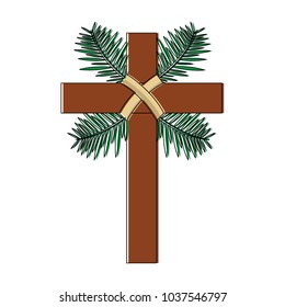 cross with leaves christian catholic paraphernalia  icon image vector illustration design 