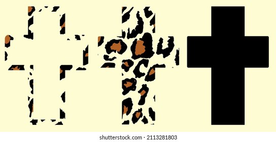 a cross with a leopard pattern. a set of outline and silhouette of the cross of faith with black spots and brown, jaguar skin on a light background for the Easter template