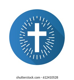 Cross with light around. Flat design long shadow icon. Vector silhouette symbol