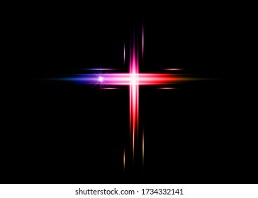 cross of light, shiny colorful laser Cross symbol of christianity. Neon style sign. Symbol of hope and faith. Vector illustration isolated on black background