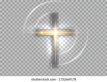 cross of light, shiny Cross with golden frame symbol of christianity. Symbol of hope and faith. Vector illustration isolated on transparent background