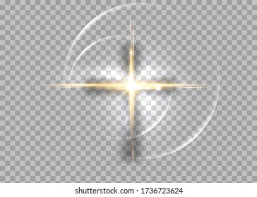 cross of light, shiny Cross with golden frame symbol of christianity. Symbol of hope and faith. Vector illustration isolated on transparent background