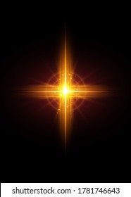 cruz de luz, brillante Cruz con símbolo de la cristiandad de marco dorado. Símbolo de esperanza y fe. Ilustración del vector aislada en fondo negro
