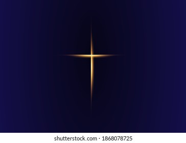 cross of light, shiny Cross with golden frame symbol of christianity. Symbol of hope and faith. Vector illustration isolated on dark blue background