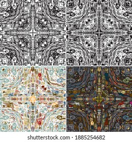 Cross like mirrored shapes, based on freehand drawn abstract texture digitally remastered to create tile like pattern, in four different versions, both monochrome and colored ones