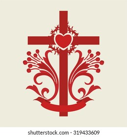Cross, lilies, heart, red, icon, crown of thorns