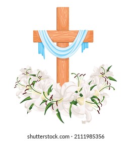 Cross with lilies isolated on white background. Religious symbols wooden cross, white lily and fabric. Vector design Easter illustration, poster and greeting card.