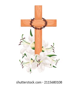 Cross with lilies isolated on white background. Religious symbols wooden cross, white lily and crown of thorns. Vector design Easter illustration, poster and greeting card.