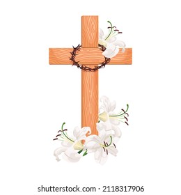 Kreuz mit Lilien einzeln auf weißem Hintergrund. Religiöse Symbole hölzernes Kreuz, weiße Lilie und Dornenkrone. Vektordesign Ostergrafik, Poster und Grußkarte.