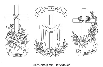 Cross with lilies. Religious Christian Easter Symbol. Set of crosses with lilies, shroud and crown of thorns. Easter Sunday poster design element,  card,  greetings. Isolated. Vector illustration