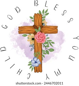 Cross with lilies. Religious Easter Symbol. Wooden crosses with water color flower with typography . Easter Sunday poster design elements for card, greetings. Isolated. Vector illustration