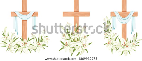 Cross with\
lilies. Religious Easter Symbol. Colorful crosses with lilies with\
shroud set. Easter Sunday poster design elements for card,\
greetings. Isolated. Vector\
illustration