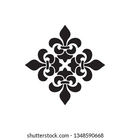 Cross of Lilies, Royal heraldic cross. Fleur de Lis sign, musketeer icon. Vector black element on white background