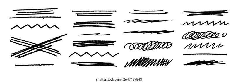 Cross line crayon doodle stroke set. Vector handdrawn brush pen crosses, pencil underlines, marker squiggles, freehand strikethrough lines. Rough sketch zigzag emphasis lines. Punk typography dividers