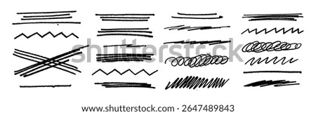 Cross line crayon doodle stroke set. Vector handdrawn brush pen crosses, pencil underlines, marker squiggles, freehand strikethrough lines. Rough sketch zigzag emphasis lines. Punk typography dividers
