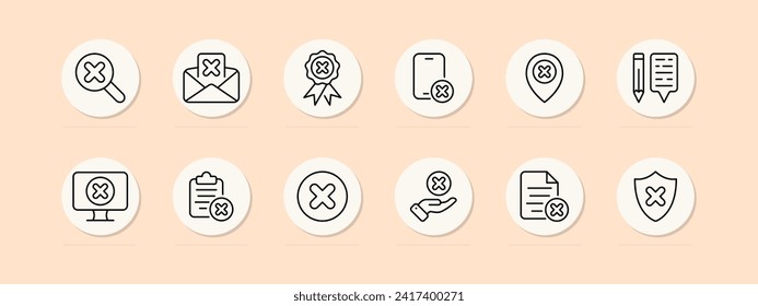 Cross line icon set. Gadget, magnifying glass, mail, letter, GPS, monitor, cancel, ban. Pastel color background. Vector line icon for business and advertising