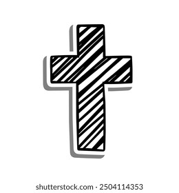 Cross with Line inside Outline on white silhouette and gray shadow. Hand drawn cartoon style. Vector illustration for decorate and any design.
