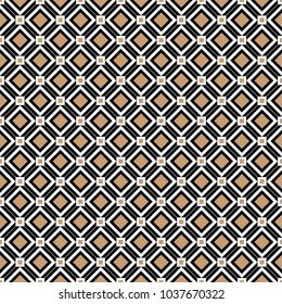 Cross lines gold vector pattern, background. Seamless repeatable grid, mesh pattern. Template of lattice or grillage texture. Vintage black and white tiles vector pattern or background