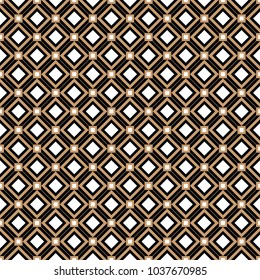 Cross lines gold vector pattern, background. Seamless repeatable grid, mesh pattern. Template of lattice or grillage texture. Vintage black and white tiles vector pattern or background