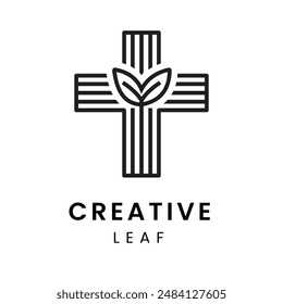 Das Kreuz-Logo besteht aus dicken Linien mit einem Blatt in der Mitte. Dieses Design eignet sich für Unternehmen oder Organisationen, die im Gesundheits-, Pharma- oder Umweltbereich tätig sind