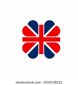 Diseño de logotipo cruzado con concepto de bandera británica con elementos cardíacos.