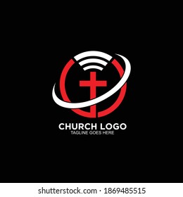 Cross logo design vector icon with wifi or online concept. Logo for christian church 