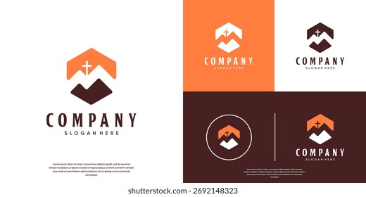 Cross logo on a mountain with negative space style, vector template design.