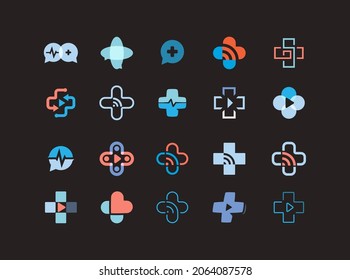 Cross logo set concept for healthcare live chat, clinic assistance, telemedicine, medical consult, online diagnosis, remote home medicine. Vector abstract flat logotype for medicine web service app