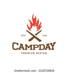 cross logs fire flame logo design, vector graphic symbol icon illustration