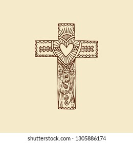 Cross of the Lord and Savior Jesus Christ hand-drawn. Doodle and design elements inside. Christian and biblical symbols.